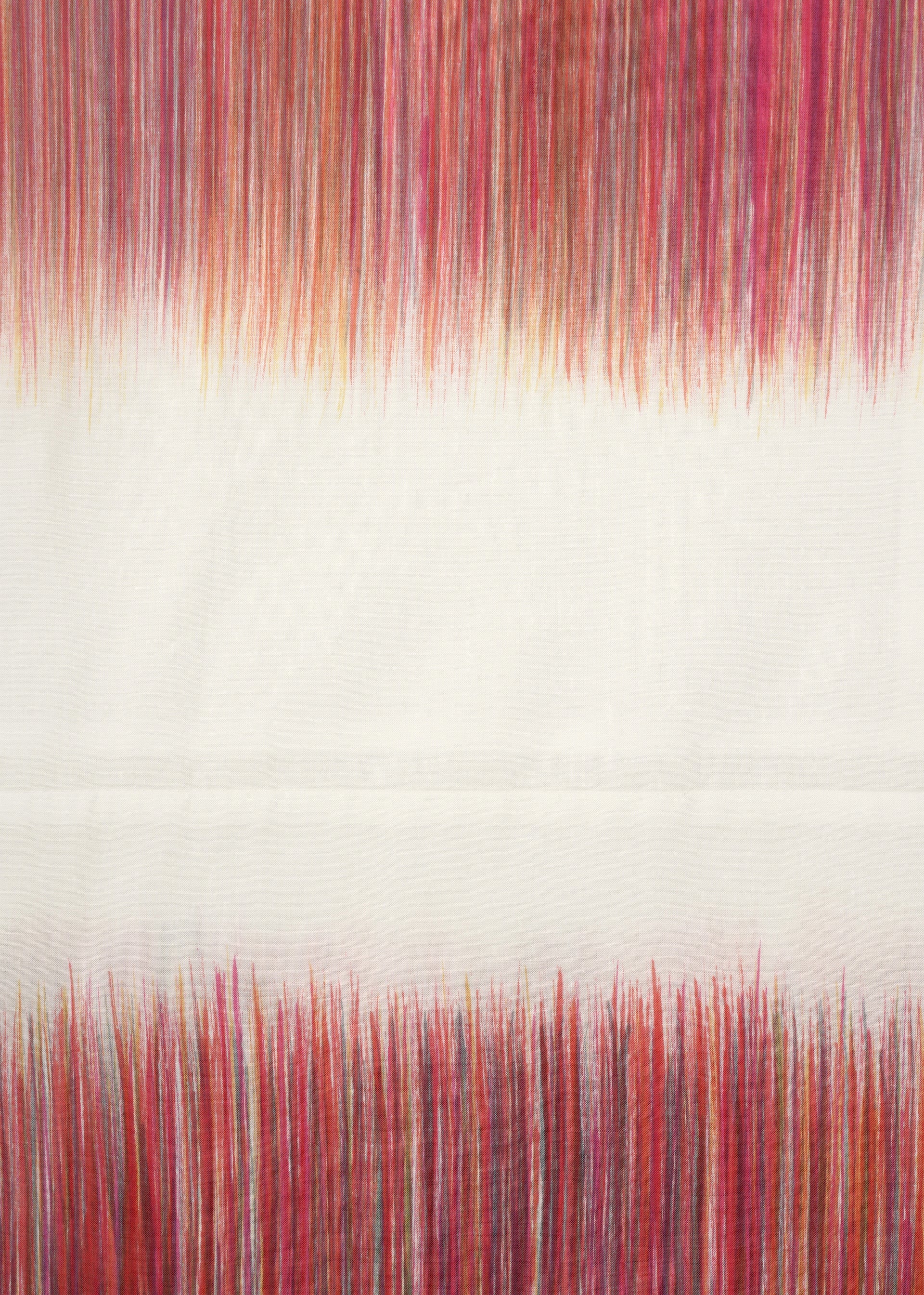 Zoomed view SAZANAMI by HaaT is a white organic cotton dress, accented with two hand-painted horizontal bands of dense vertical brushstrokes in red, orange, and purple by a Kyoto artisan. The plain center balances the design to create a vibrant border effect.