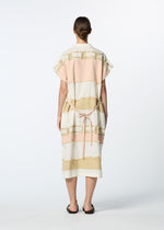 A person stands facing away, wearing HaaT's KASANEGAKE knee-length jacquard dress with short sleeves, horizontal pastel stripes in cream, pink, and beige, a textured finish, a back tie belt, and black flat sandals.