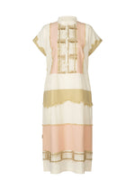 The HaaT KASANEGAKE dress is knee-length with short sleeves and a high collar, featuring horizontal panels in cream, blush pink, and beige. Its layered jacquard design has frayed gold trims and varied textures for a loose, relaxed fit. - BEIGE （no.41）