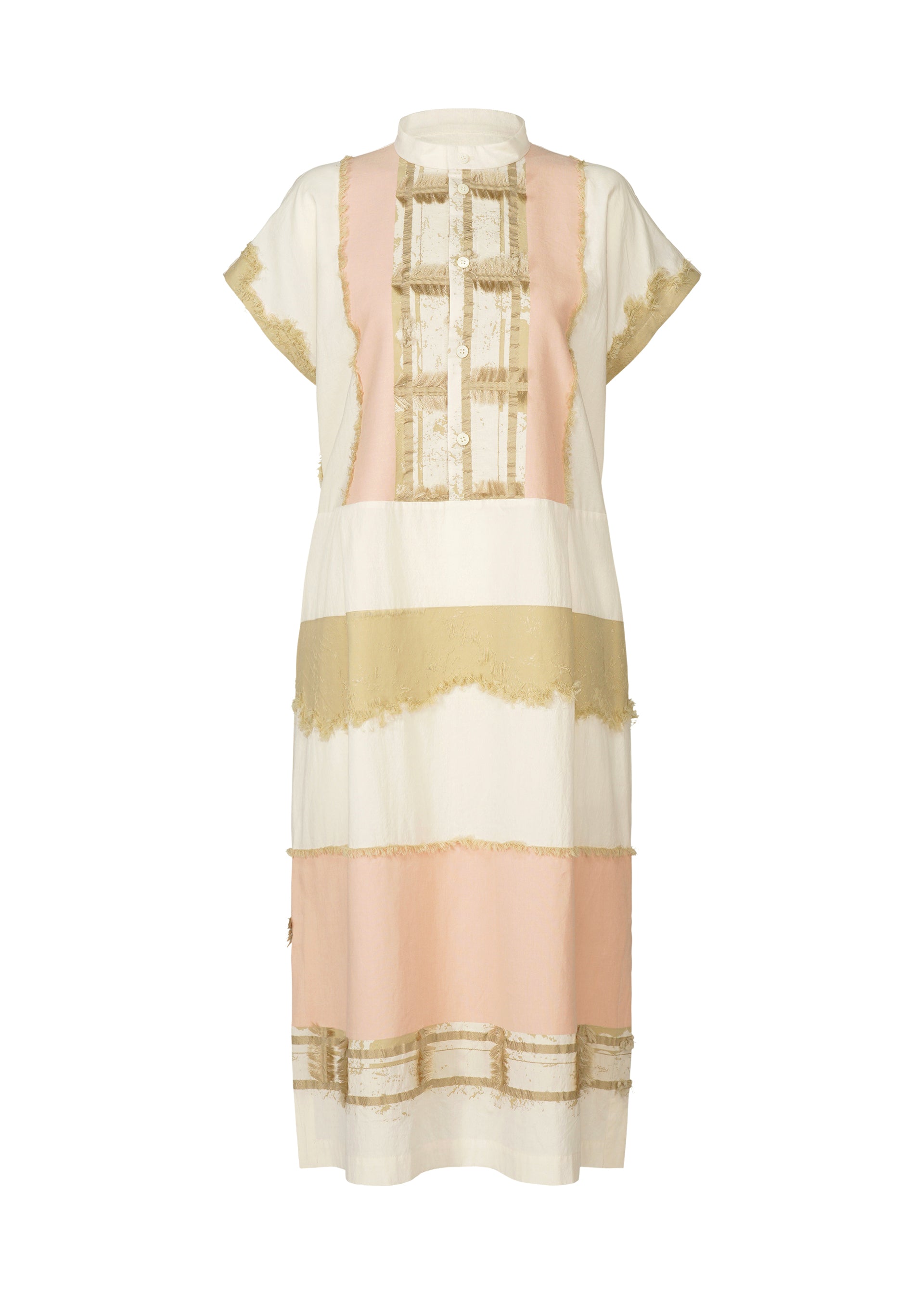 Zoomed view The HaaT KASANEGAKE dress is knee-length with short sleeves and a high collar, featuring horizontal panels in cream, blush pink, and beige. Its layered jacquard design has frayed gold trims and varied textures for a loose, relaxed fit. - BEIGE （no.41）