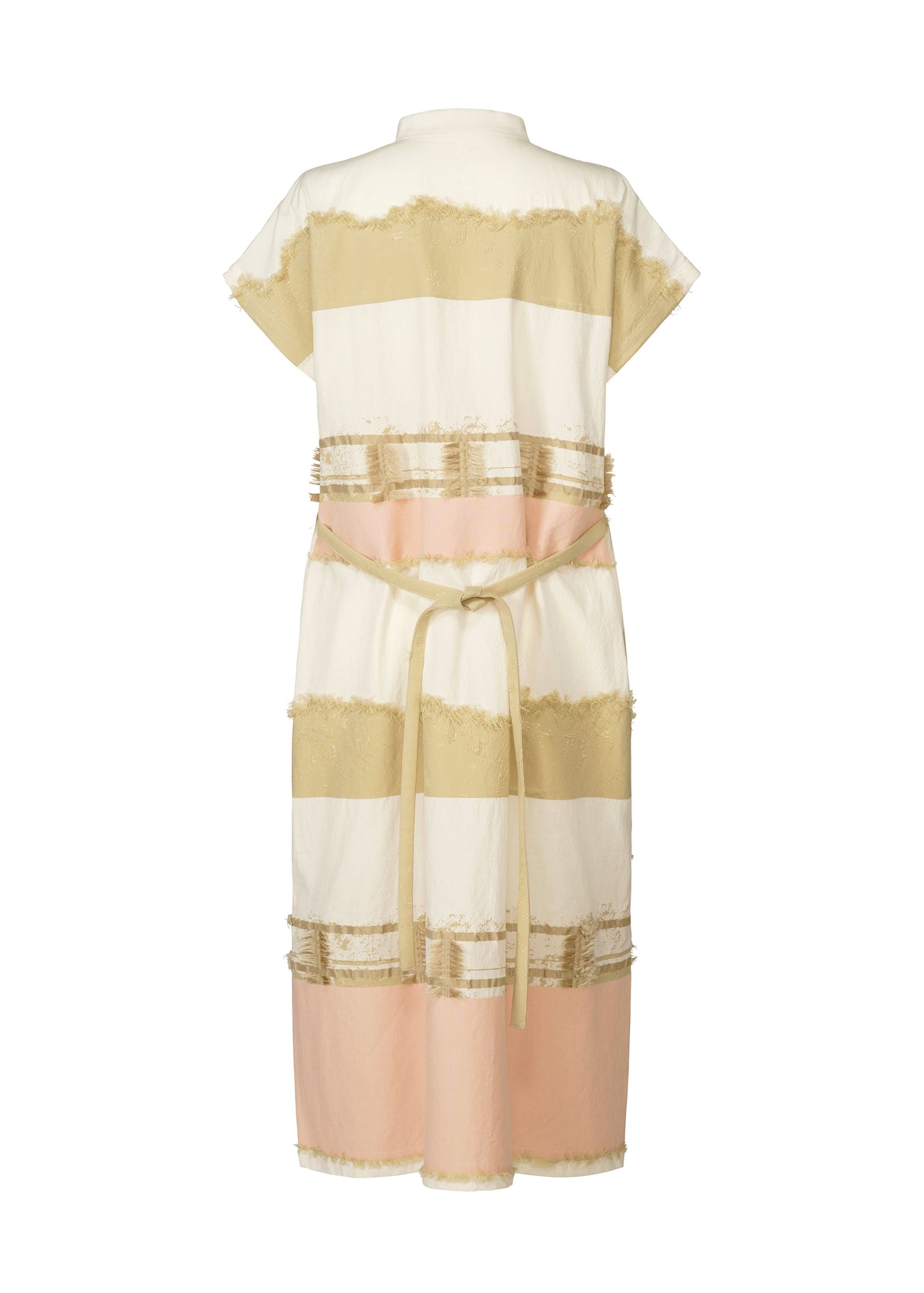 The HaaT KASANEGAKE is a knee-length, short-sleeved jacquard dress featuring horizontal cream, beige, and light pink stripes with frayed edges and a matching fabric belt for a textured, elegant look. view 3 of 8