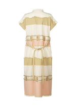 The HaaT KASANEGAKE is a knee-length, short-sleeved jacquard dress featuring horizontal cream, beige, and light pink stripes with frayed edges and a matching fabric belt for a textured, elegant look.