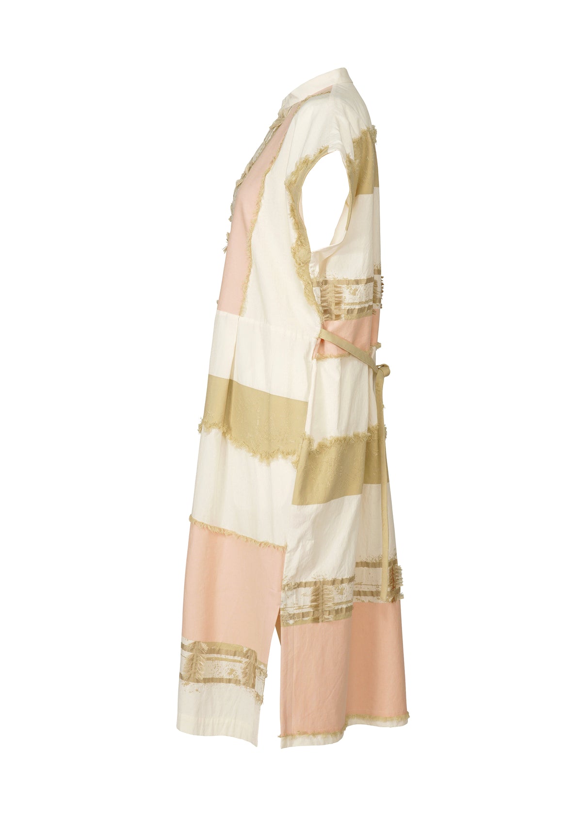 Side view of HaaT’s KASANEGAKE, a sleeveless, knee-length jacquard dress with wide cream, beige, and light pink stripes. Decorative fringe and ribbons add textured detail to the layered design shown on a white background. view 4 of 8