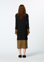 A person with long curly hair models the HaaT KYO CHIJIMI STREAM dress, featuring black and brown contrasting colors, while standing with their back to the camera against a plain white background.