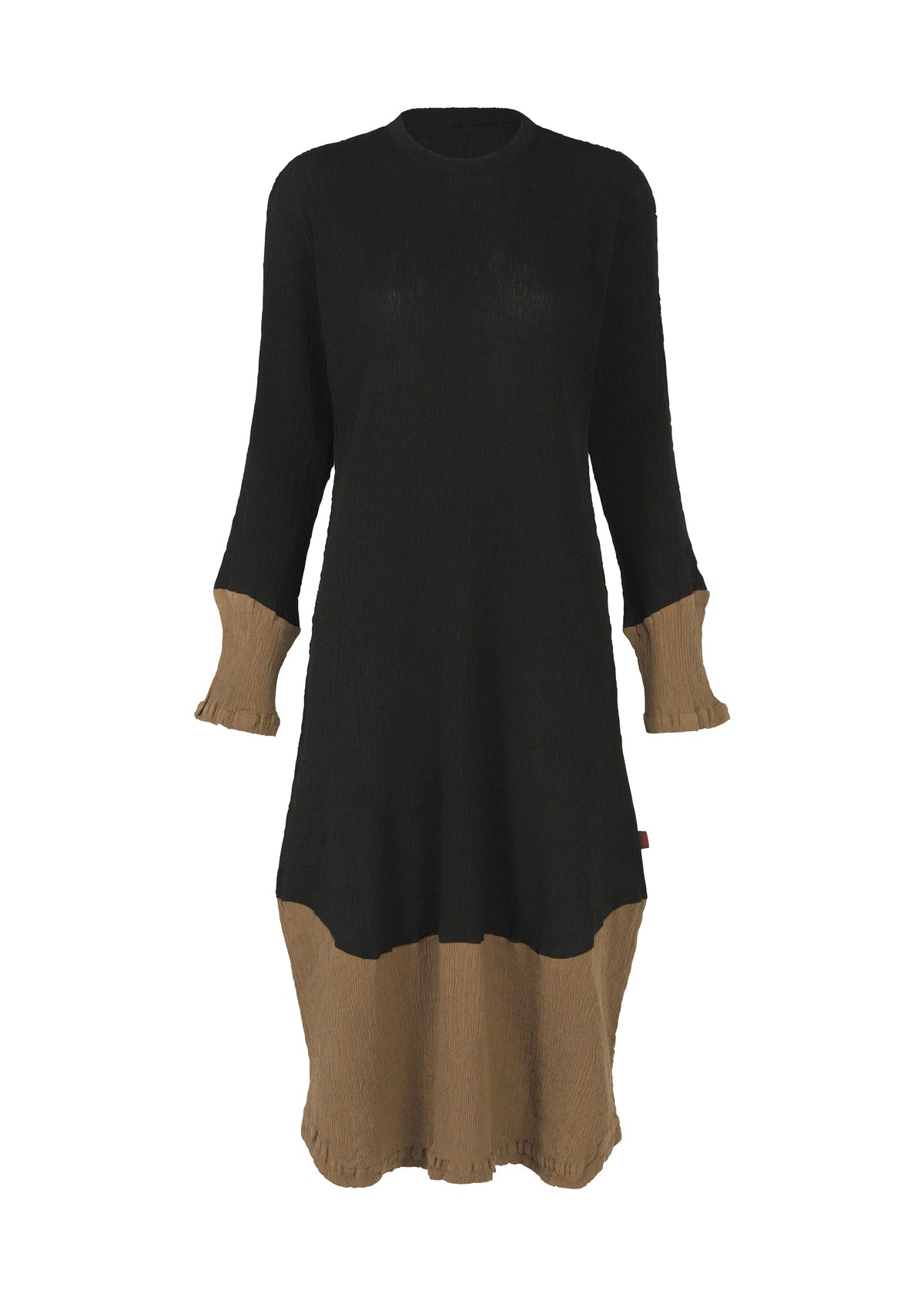 The HaaT KYO CHIJIMI STREAM is a long-sleeved, knee-length colored dress with a black upper section and contrasting tan cuffs and hem, crafted from KYO CHIJIMI fabric and shown against a white background. view 1 of 6