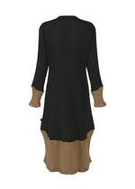 The HaaT KYO CHIJIMI STREAM is a black long-sleeved dress with brown cuffs and hem, seen from the back. Made from lightweight, textured KYO CHIJIMI fabric, it offers a loose fit and striking color contrast.