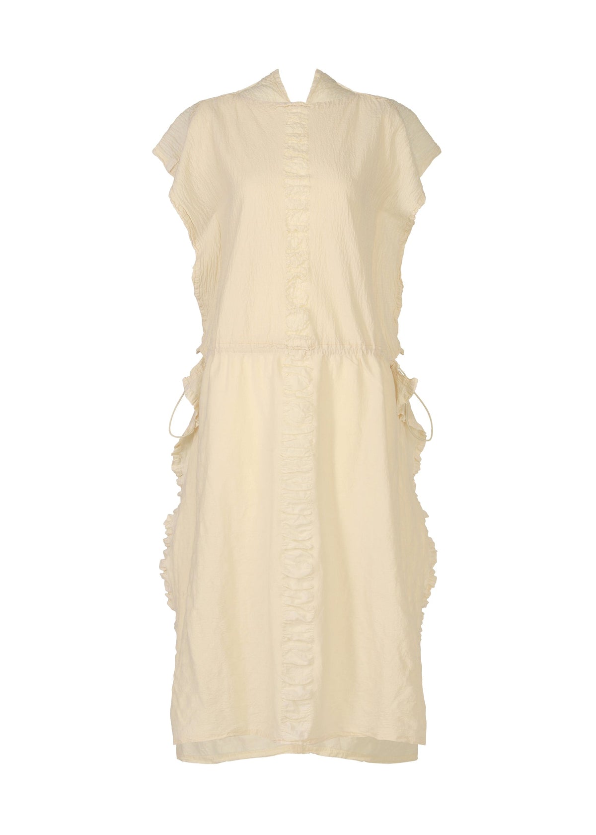 The TENMOKU COTTON dress by HaaT is a knee-length, short-sleeve off-white textured piece with garment-dyed fabric, ruffled front trim, and adjustable drawstrings at the waist and hips. view 1 of 8