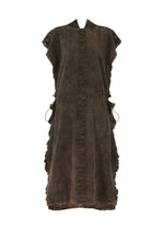The TENMOKU COTTON dress by HaaT features a brown, knee-length, short-sleeved textured design with garment-dyed cotton, frayed edges, loose fit, visible stitching on the front/sides, and drawstring waist details. - BROWN （no.44）