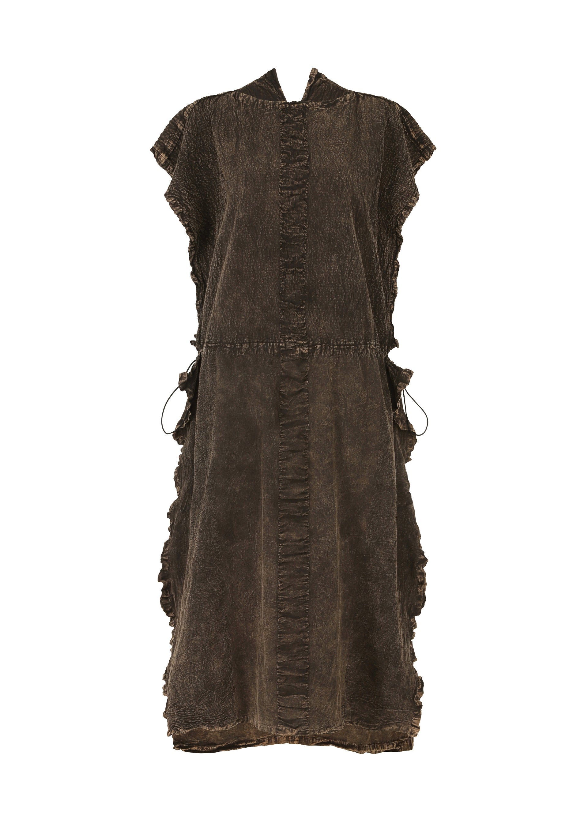 Zoomed view The TENMOKU COTTON dress by HaaT features a brown, knee-length, short-sleeved textured design with garment-dyed cotton, frayed edges, loose fit, visible stitching on the front/sides, and drawstring waist details. - BROWN （no.44）