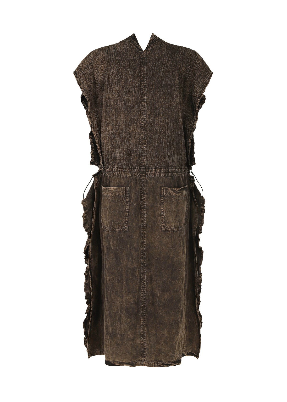 The TENMOKU COTTON dress by HaaT is a brown, sleeveless, knee-length garment-dyed cotton dress with textured fabric, two front pockets, ruffled sides, a subtle v-neckline, and a relaxed fit. view 3 of 8