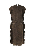 The TENMOKU COTTON dress by HaaT is a brown, sleeveless, knee-length garment-dyed cotton dress with textured fabric, two front pockets, ruffled sides, a subtle v-neckline, and a relaxed fit.