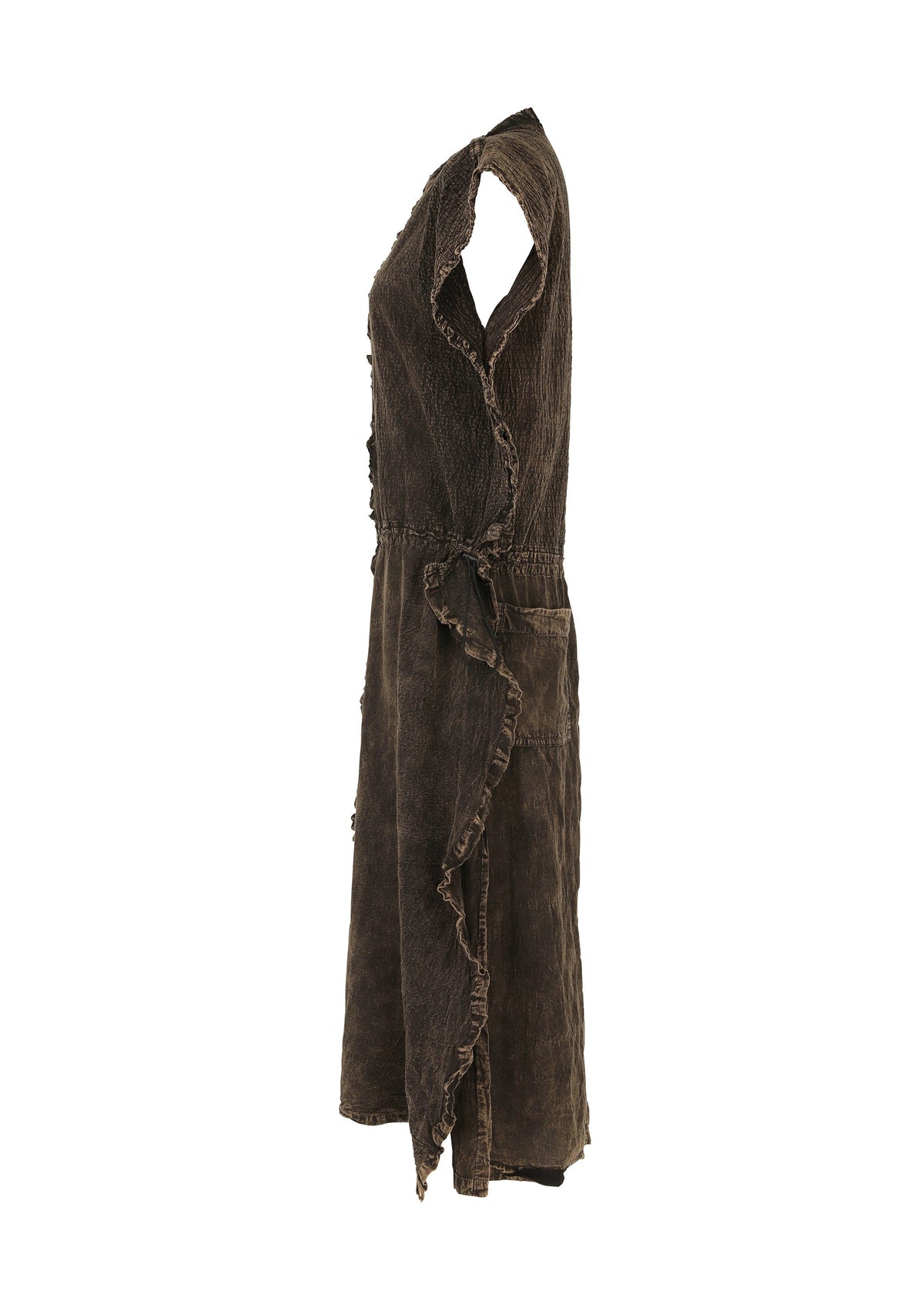 The TENMOKU COTTON by HaaT is a sleeveless, knee-length dark brown wrap dress with a ruffled edge and tie waist, crafted from garment-dyed fabric and shown side-on against a white background. view 4 of 8