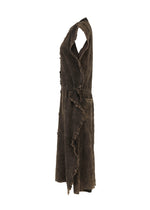 The TENMOKU COTTON by HaaT is a sleeveless, knee-length dark brown wrap dress with a ruffled edge and tie waist, crafted from garment-dyed fabric and shown side-on against a white background.