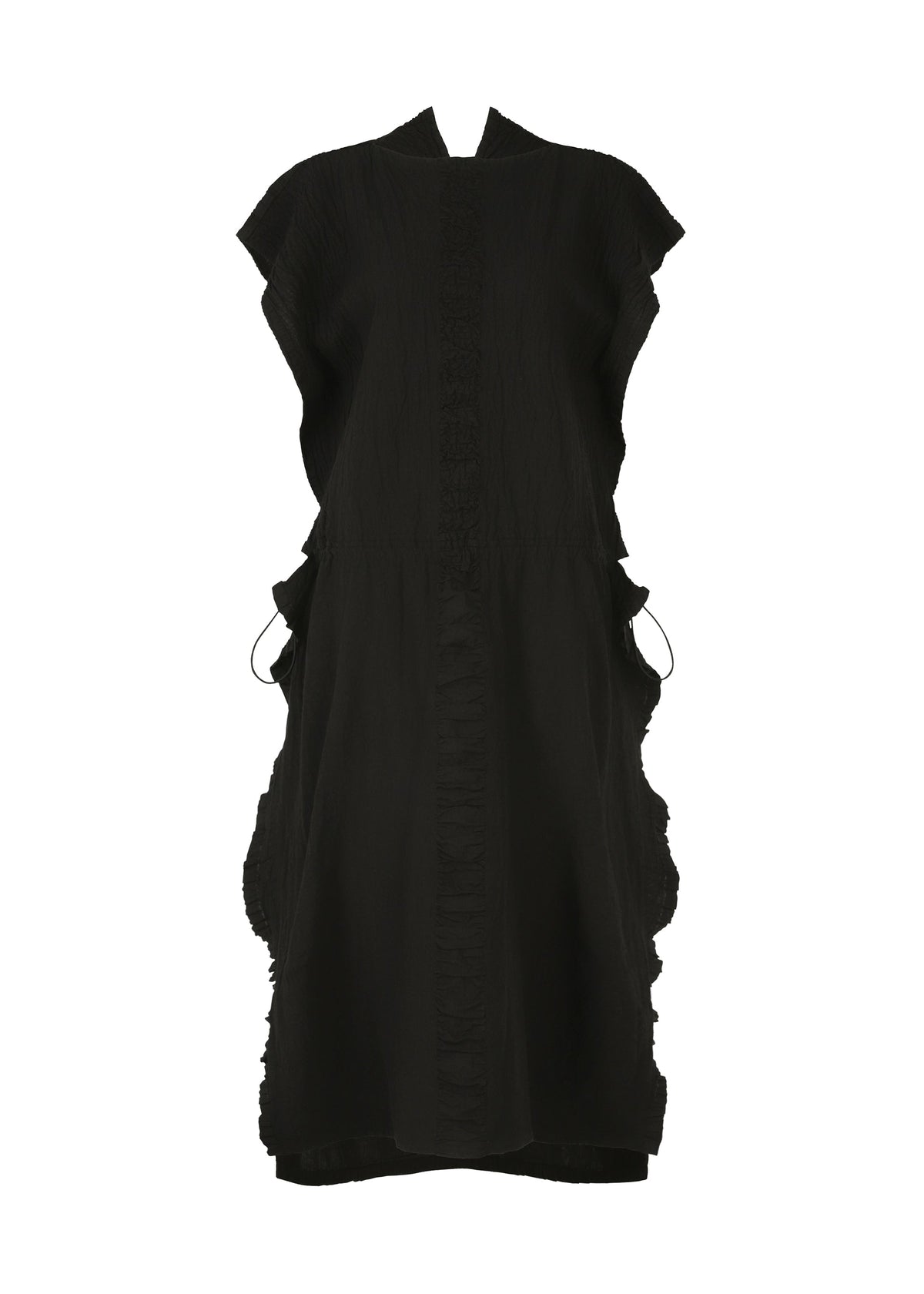 The HaaT TENMOKU COTTON dress is knee-length with short sleeves, a subtle high collar, ruffle details on the front and sides, a textured garment-dyed black fabric, relaxed fit, and minimalist design. view 1 of 7