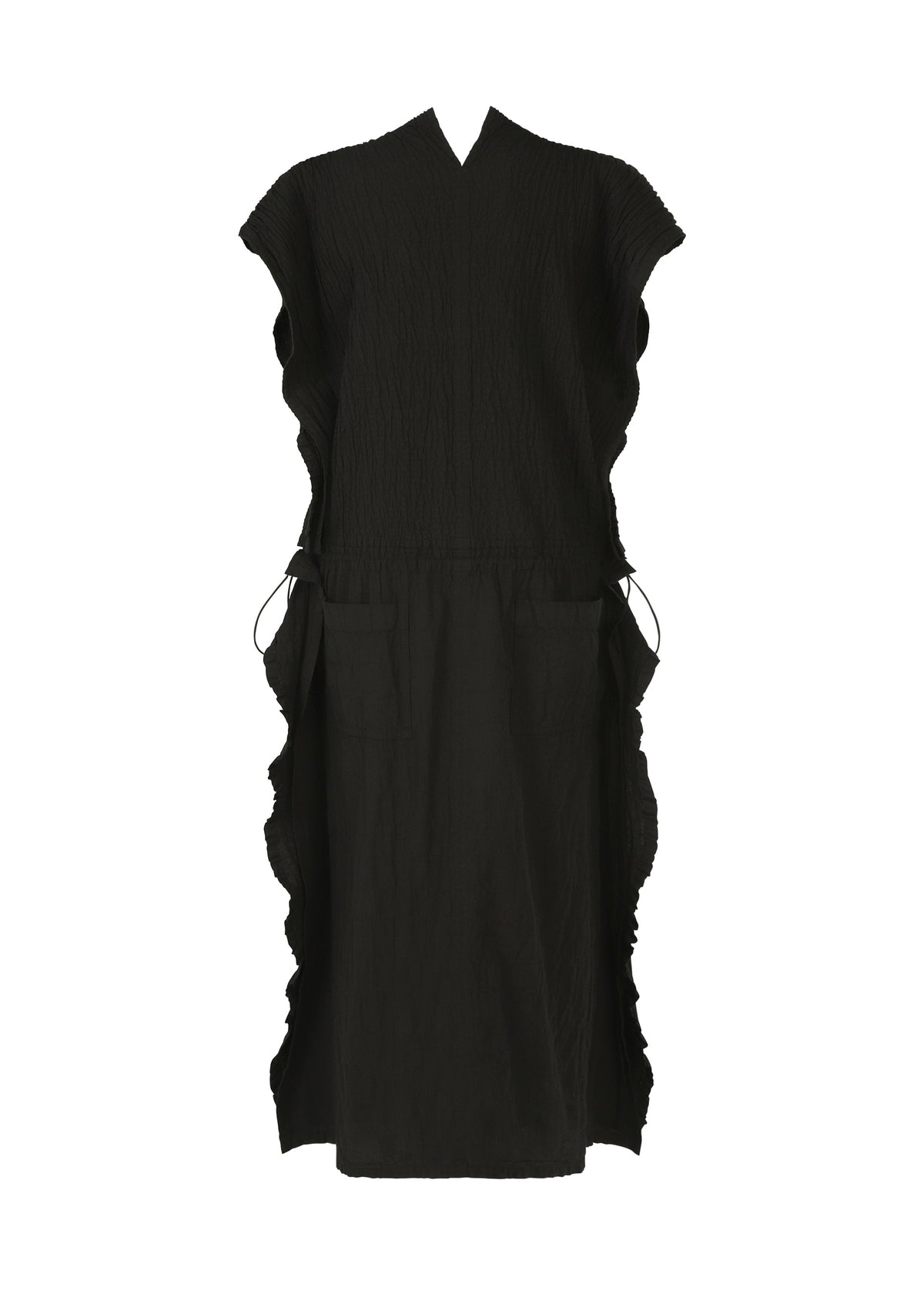 The TENMOKU COTTON by HaaT is a sleeveless, black knee-length dress with a mottled pattern, V-neckline, ruffled side edges, adjustable side ties, and two front pockets—its design recalls the look of Tenmoku ceramic glaze. view 2 of 7