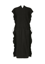The TENMOKU COTTON by HaaT is a sleeveless, black knee-length dress with a mottled pattern, V-neckline, ruffled side edges, adjustable side ties, and two front pockets—its design recalls the look of Tenmoku ceramic glaze.