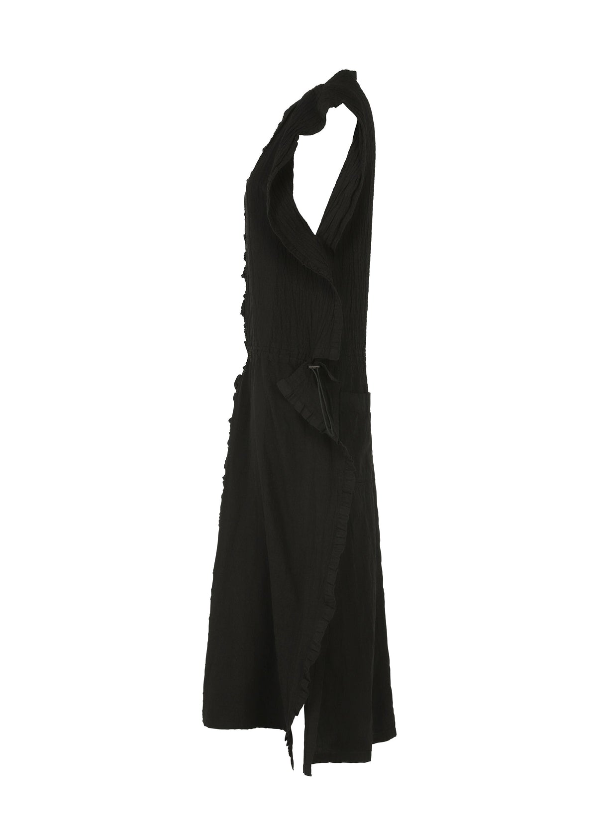 The TENMOKU COTTON by HaaT is a sleeveless black dress with a textured, ruched bodice and an asymmetrical wrap skirt featuring a mottled pattern, shown against a white background. view 3 of 7
