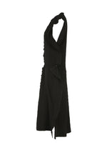 The TENMOKU COTTON by HaaT is a sleeveless black dress with a textured, ruched bodice and an asymmetrical wrap skirt featuring a mottled pattern, shown against a white background.