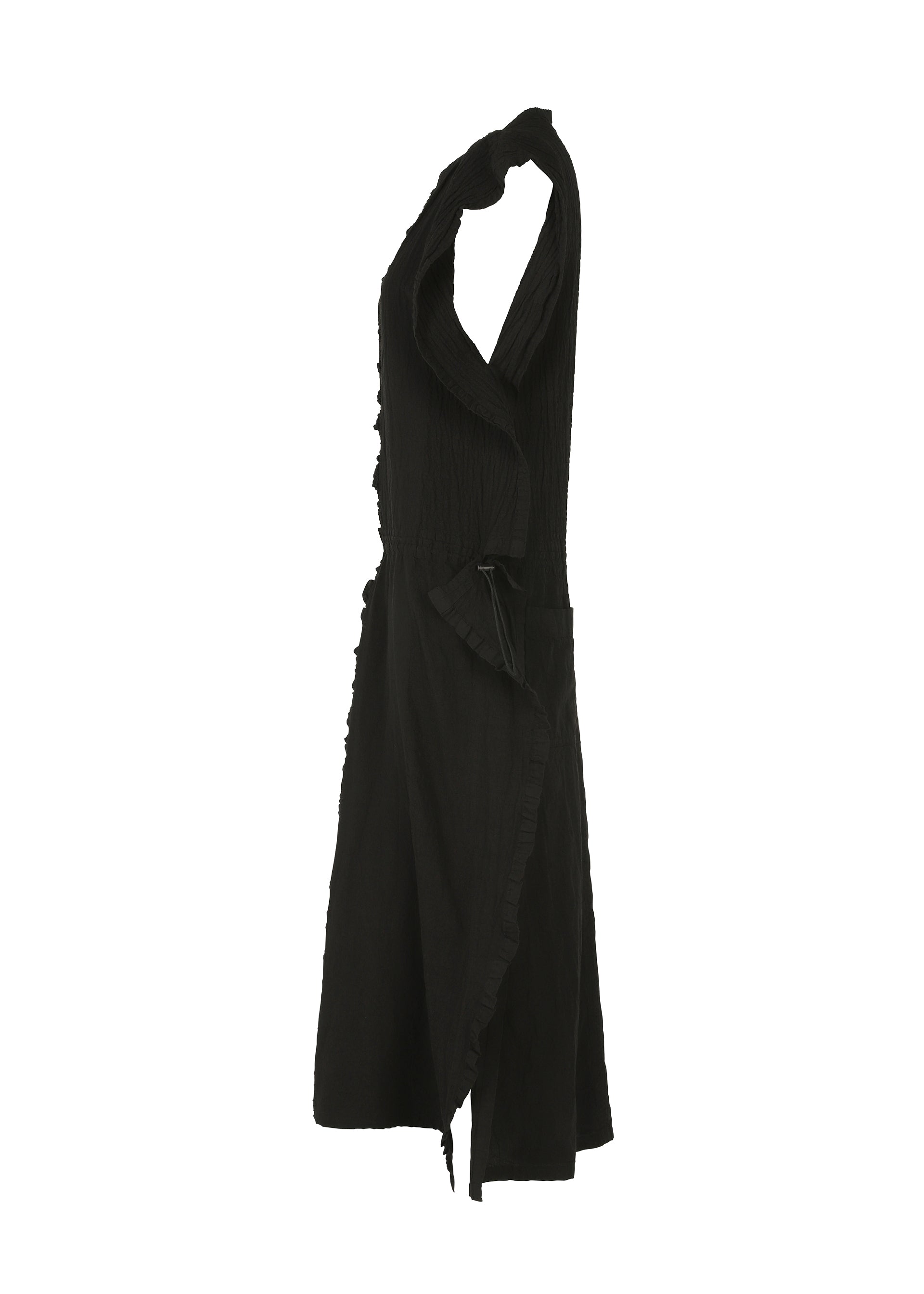 Zoomed view The TENMOKU COTTON by HaaT is a sleeveless black dress with a textured, ruched bodice and an asymmetrical wrap skirt featuring a mottled pattern, shown against a white background.