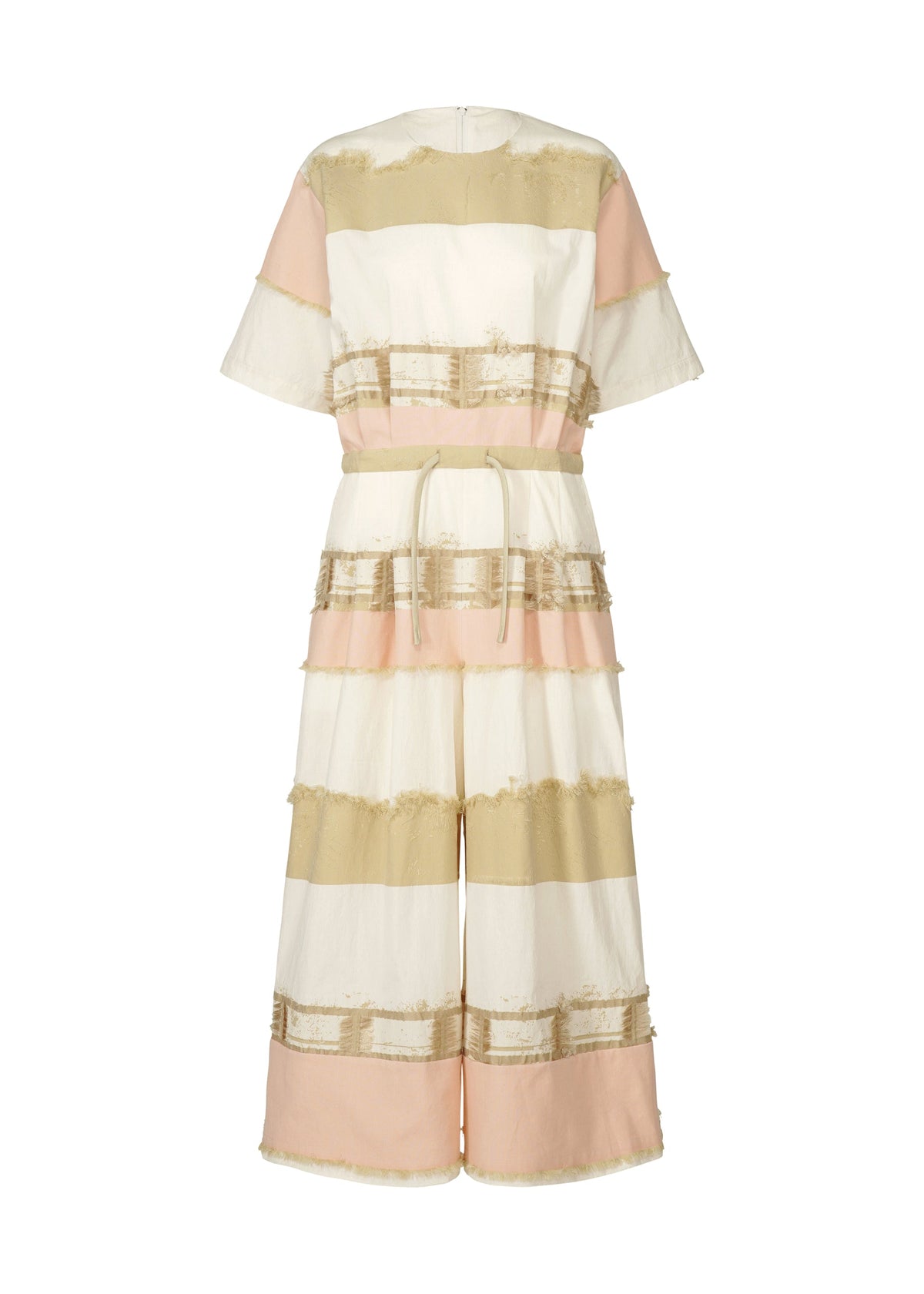 The KASANEGAKE jumpsuit by HaaT features short sleeves, wide legs, cream/beige/pink jacquard stripes, a matching belt, and frayed trim on each stripe for textured detail. view 1 of 8