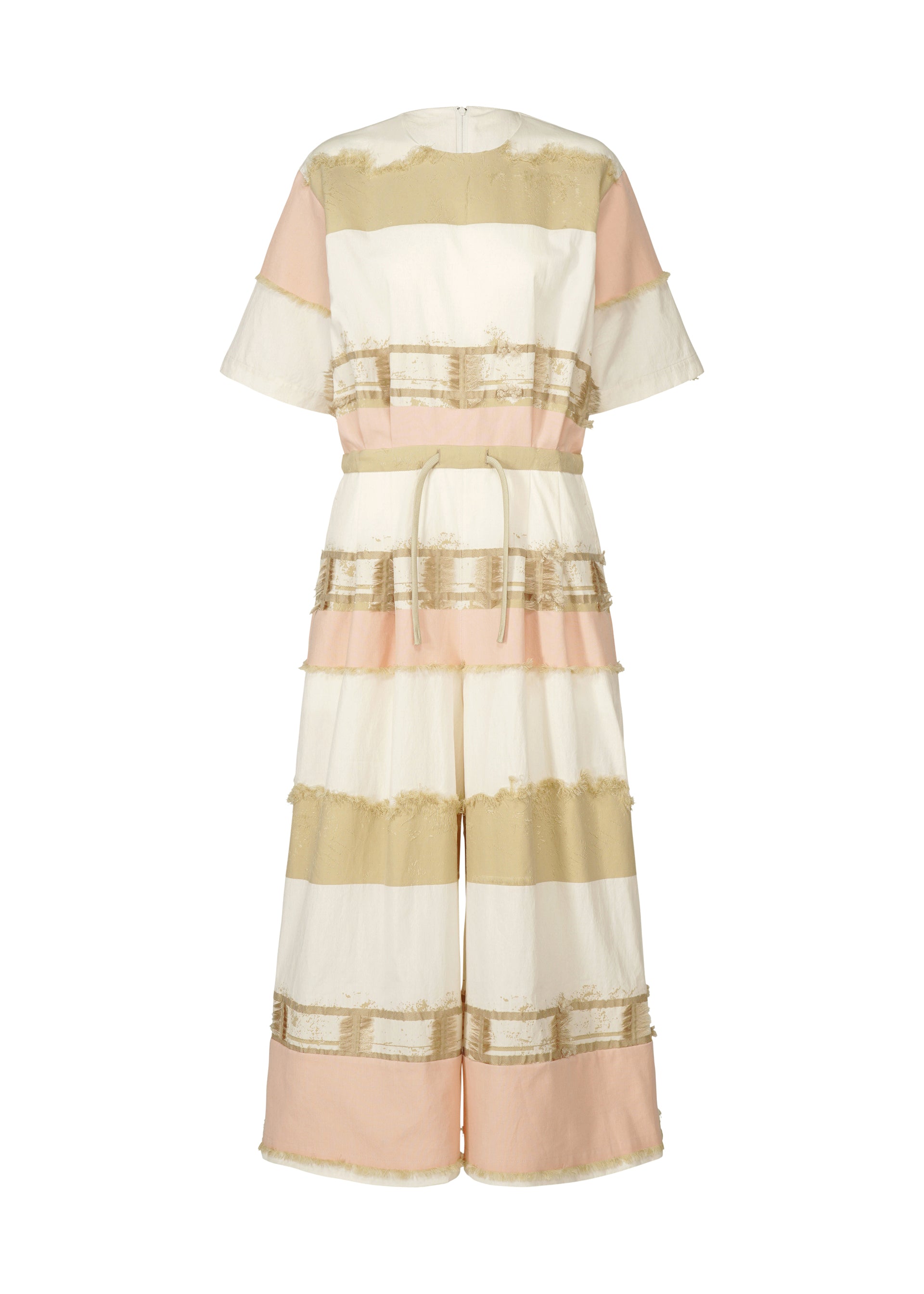 Zoomed view The KASANEGAKE jumpsuit by HaaT features short sleeves, wide legs, cream/beige/pink jacquard stripes, a matching belt, and frayed trim on each stripe for textured detail. - BEIGE (no.41)