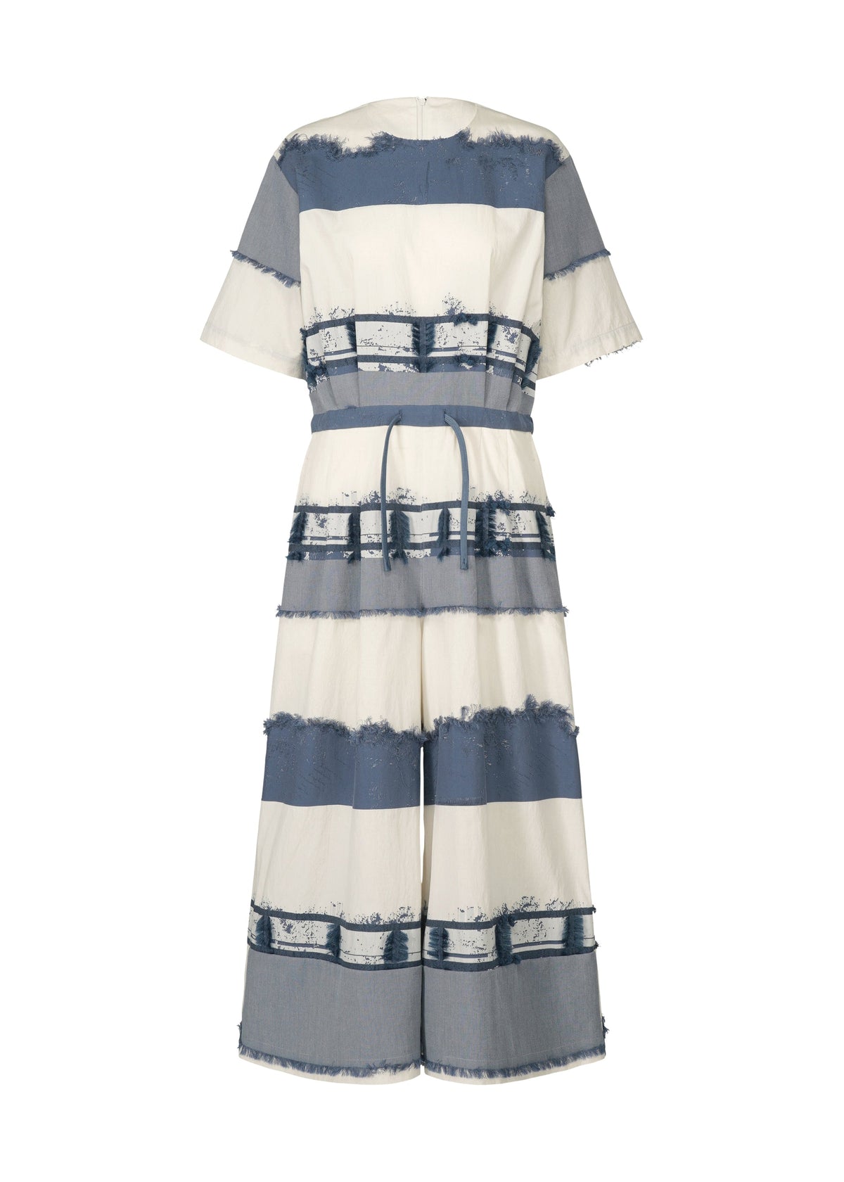 The KASANEGAKE by HaaT is a short-sleeved, wide-leg jacquard jumpsuit with a belted waist, blue and white horizontal stripes, and frayed edges for added texture. view 2 of 8