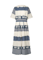 The KASANEGAKE by HaaT is a short-sleeved, wide-leg jacquard jumpsuit with a belted waist, blue and white horizontal stripes, and frayed edges for added texture. - BLUE (no.72)