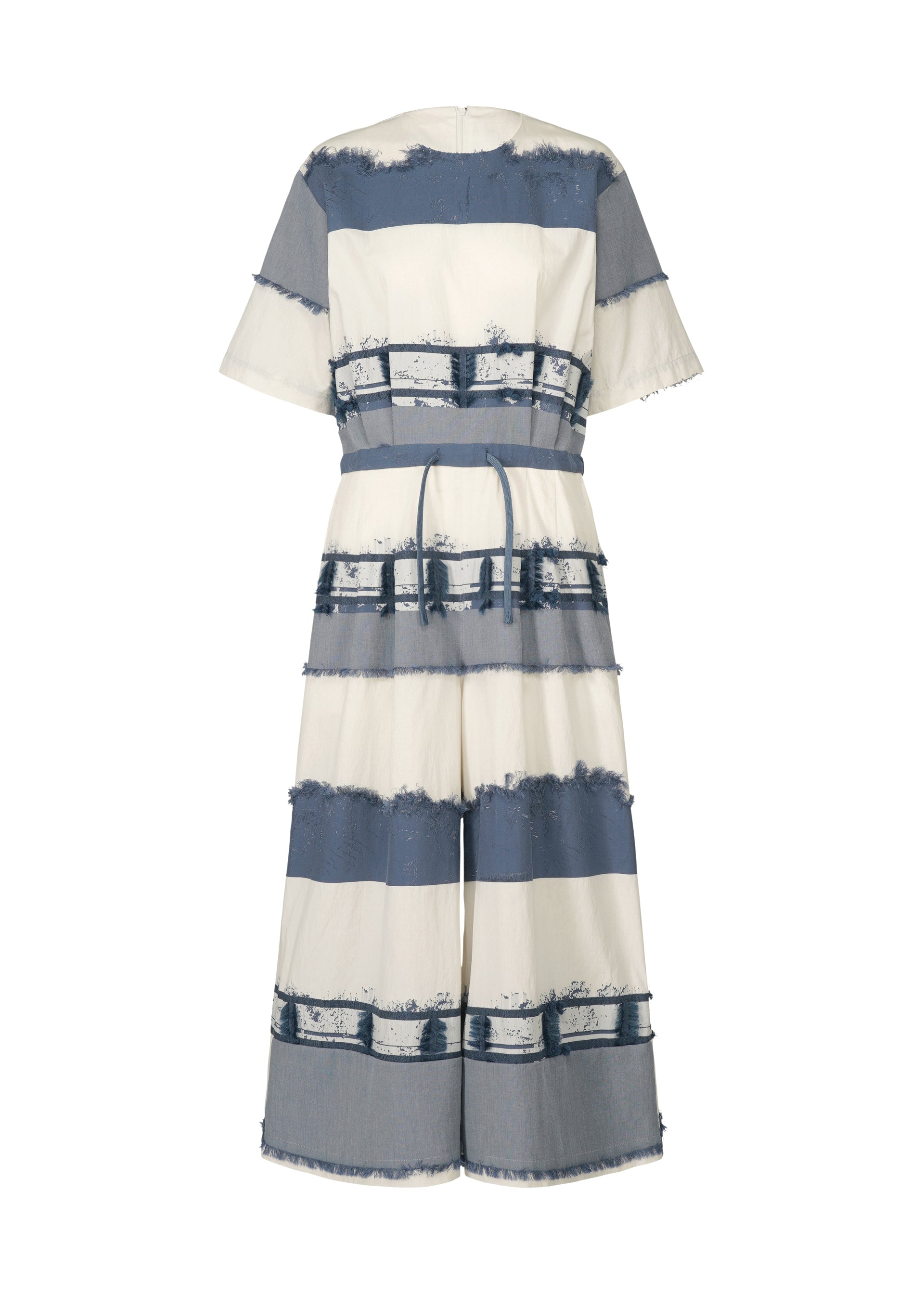 Zoomed view The KASANEGAKE by HaaT is a short-sleeved, wide-leg jacquard jumpsuit with a belted waist, blue and white horizontal stripes, and frayed edges for added texture. - BLUE (no.72)