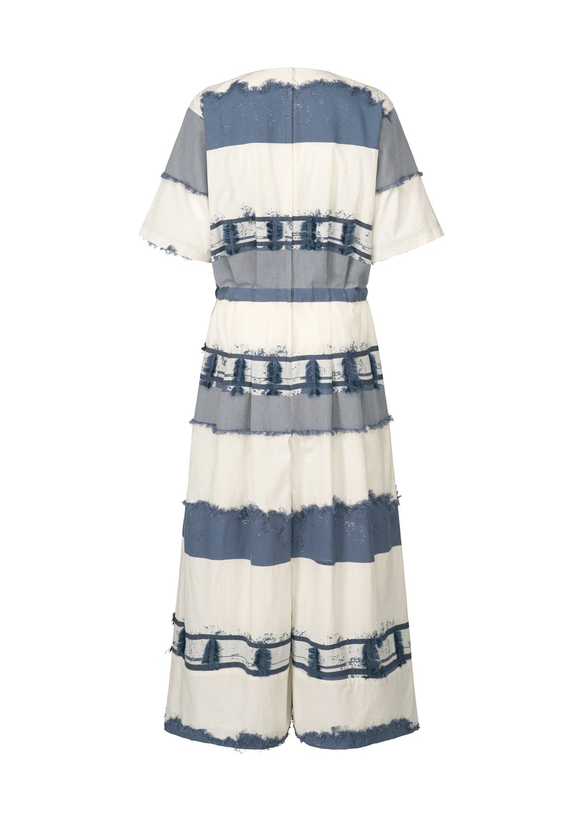 The KASANEGAKE midi dress by HaaT features short sleeves, a fitted waist, and wide horizontal blue and white stripes with frayed edges. The textured fabric adds dimension. Shown from the back. view 3 of 8