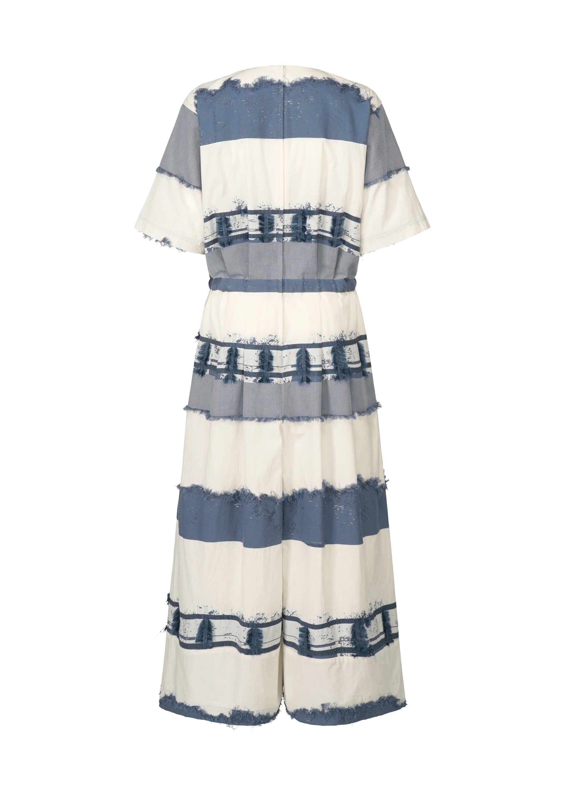 Zoomed view The KASANEGAKE midi dress by HaaT features short sleeves, a fitted waist, and wide horizontal blue and white stripes with frayed edges. The textured fabric adds dimension. Shown from the back.