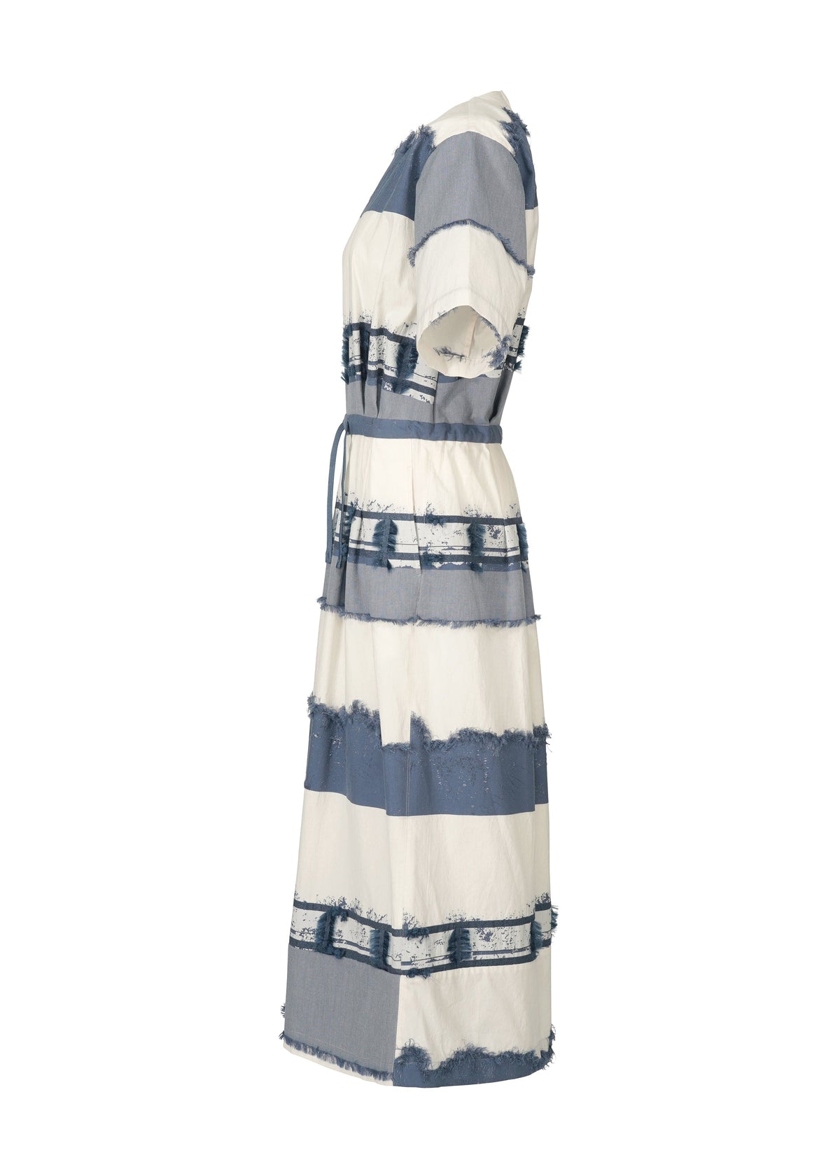 Side view of the HaaT KASANEGAKE midi dress, showcasing short sleeves, a layered design in blue and white stripes with frayed edges, tie waist, relaxed fit, and textured fabric for added style. view 4 of 8