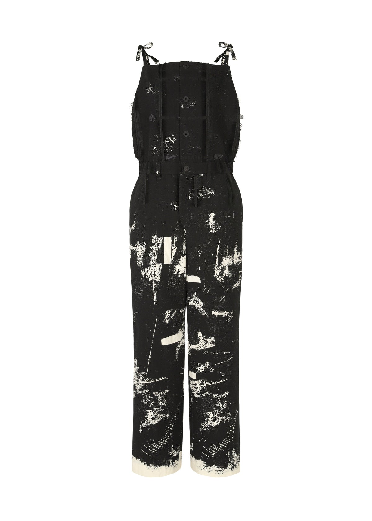The HaaT KOKUYU is a black sleeveless jacquard jumpsuit with shoulder straps, a double-breasted front, and a white abstract paint splatter pattern. Pant hems feature Kokuyu black glaze with white detailing. view 1 of 8