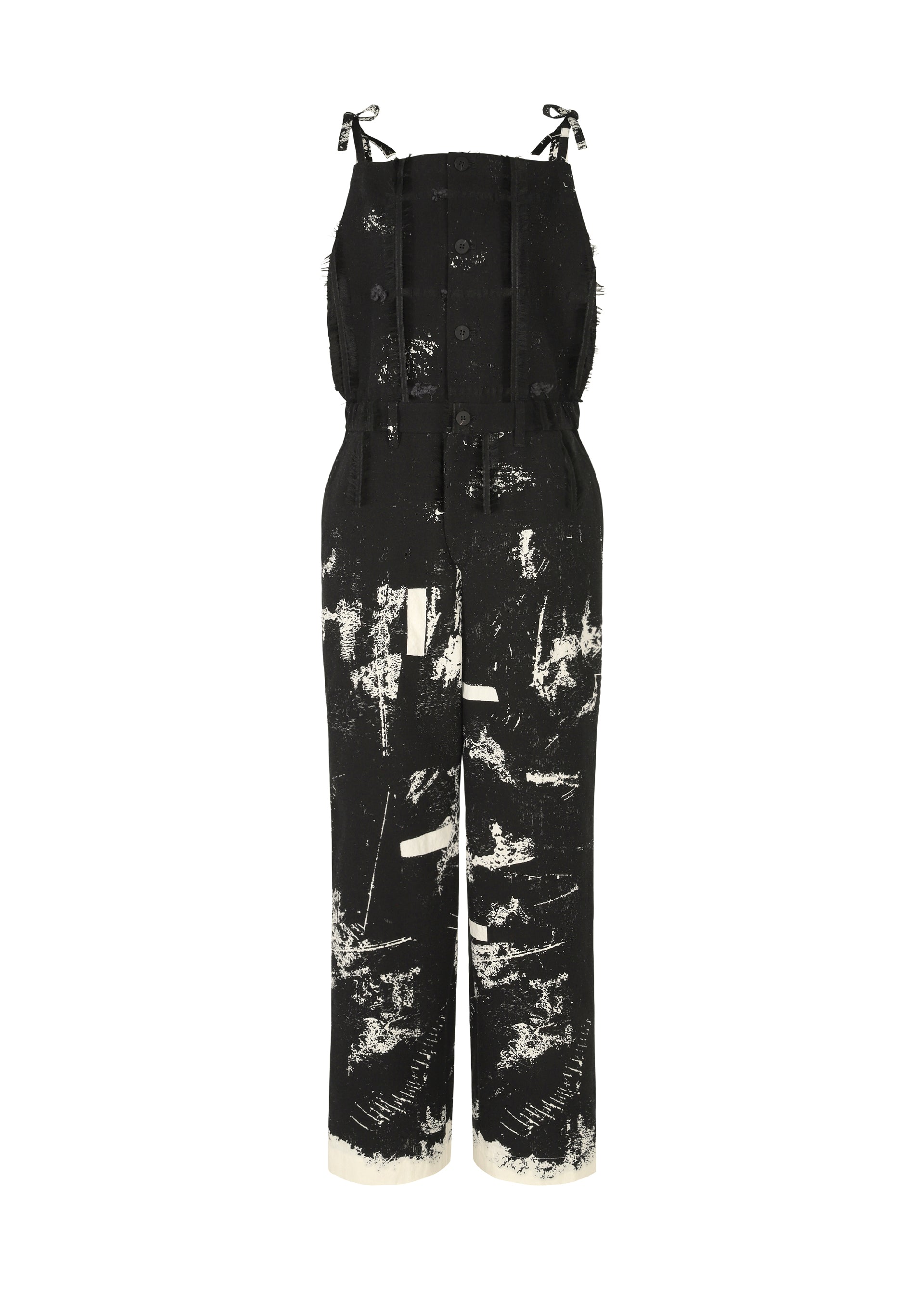 Zoomed view The HaaT KOKUYU is a black sleeveless jacquard jumpsuit with shoulder straps, a double-breasted front, and a white abstract paint splatter pattern. Pant hems feature Kokuyu black glaze with white detailing. - BLACK （no.15）