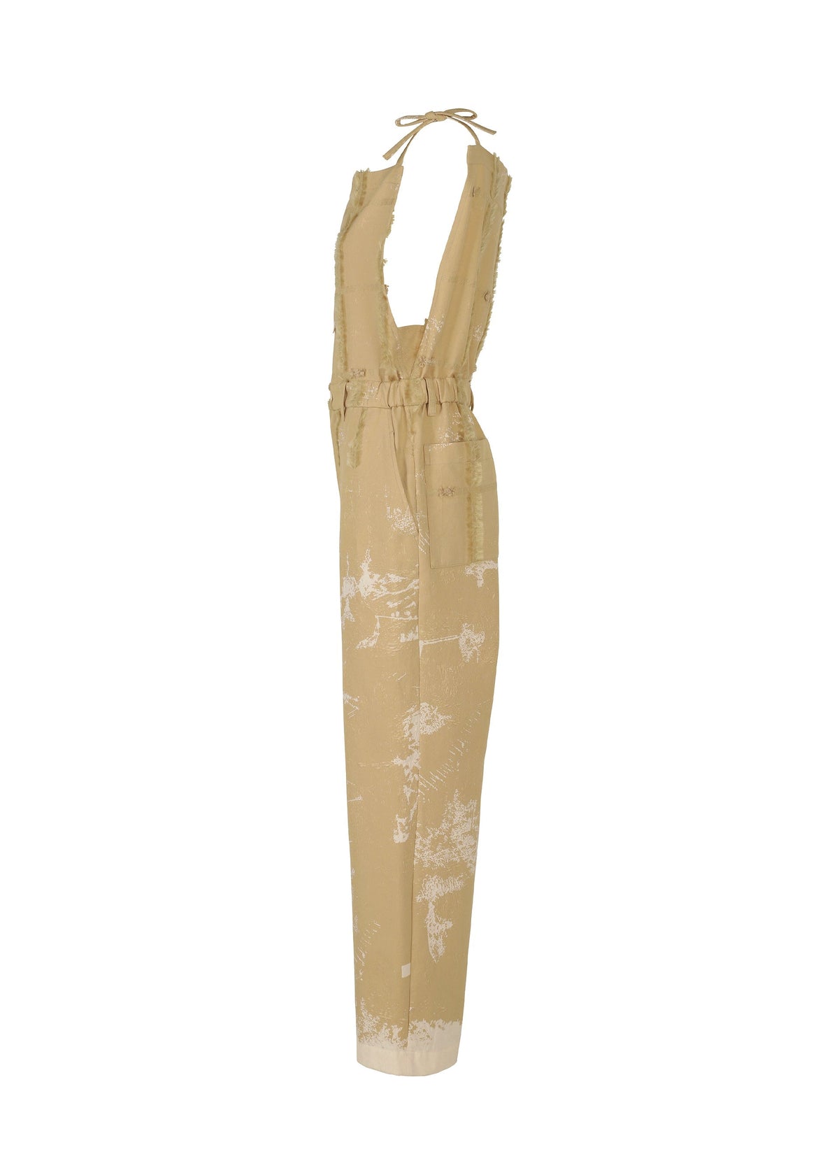 The KOKUYU jumpsuit by HaaT features a sleeveless beige jacquard design with a deep V-neck, tie-back halter straps, gathered waist, and white abstract patterns, showcased on a plain white background. view 4 of 8