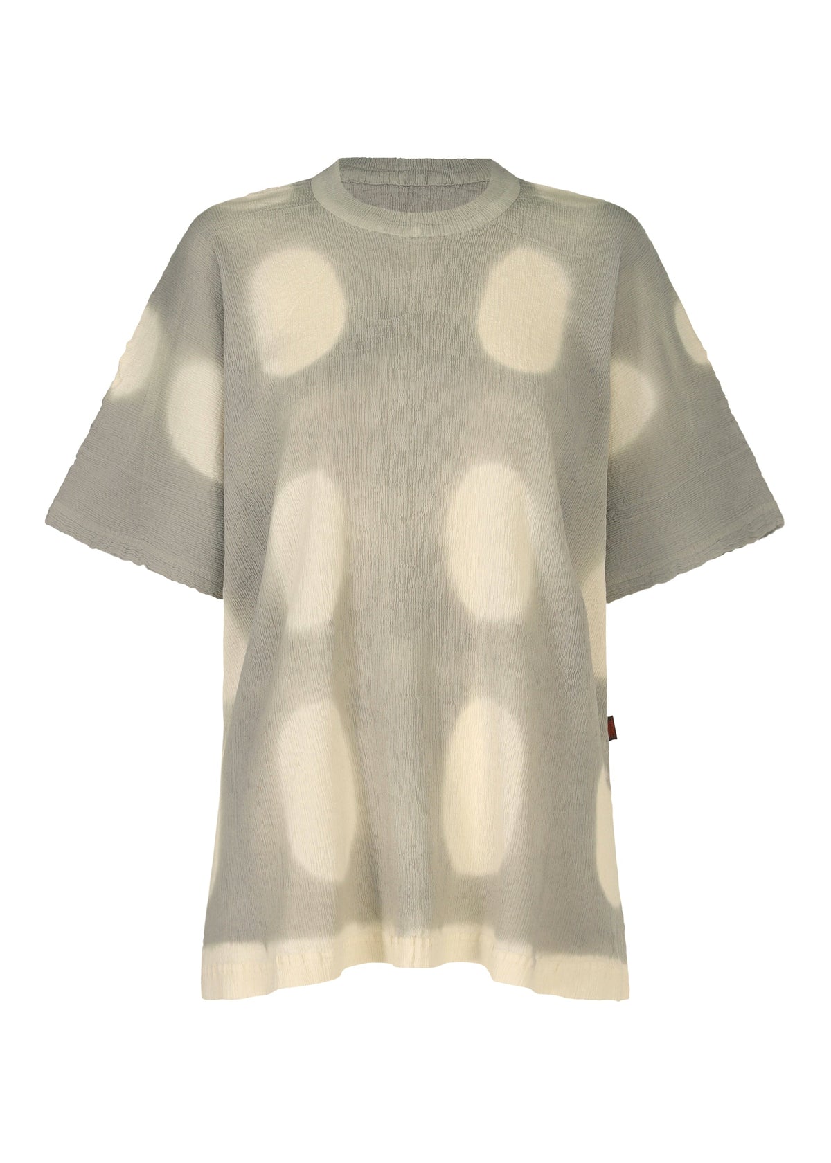 The HaaT KYO CHIJIMI ITAJIME is a gray, loose-fit short-sleeve shirt with a round neckline and bold white polka dots, handcrafted using the Itajime dyeing technique. view 1 of 8