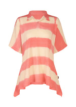 The HaaT KYO CHIJIMI ITAJIME top features wide pink and cream stripes from Itajime dyeing, a loose fit, uneven hem, short sleeves, collared neckline, and a partial front button placket. - PINK （no.22）