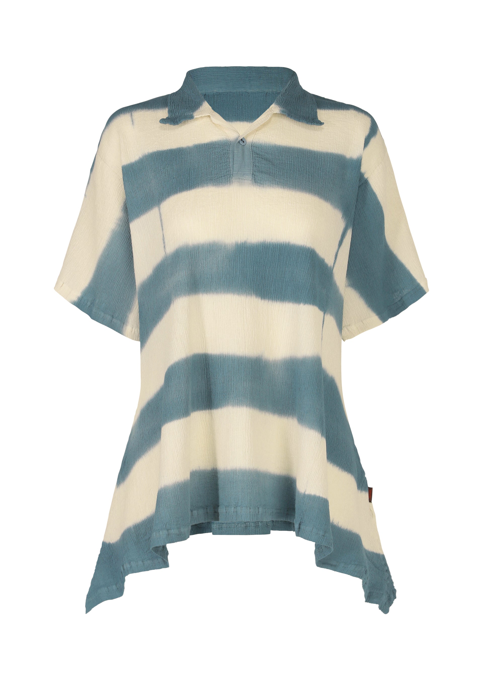 Zoomed view The HaaT KYO CHIJIMI ITAJIME top features a loose fit, short sleeves, a collar, blue and white horizontal Itajime stripes, and an uneven handkerchief hem. - BLUE （no.72）