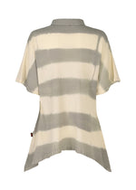 A loose-fit, short-sleeved KYO CHIJIMI ITAJIME top by HaaT in cream and gray stripes, featuring a collared neckline, asymmetrical hem, and subtly crinkled texture inspired by traditional Itajime dyeing. Shown from the back.