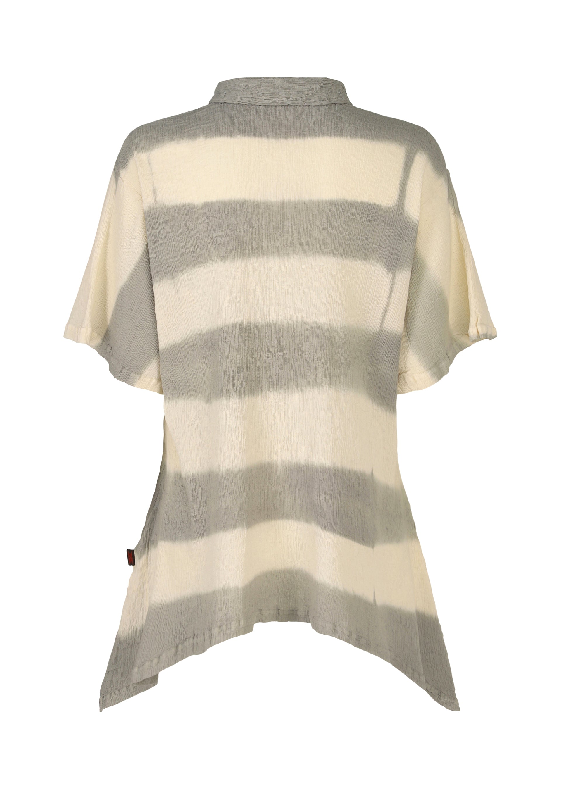 Zoomed view A loose-fit, short-sleeved KYO CHIJIMI ITAJIME top by HaaT in cream and gray stripes, featuring a collared neckline, asymmetrical hem, and subtly crinkled texture inspired by traditional Itajime dyeing. Shown from the back.