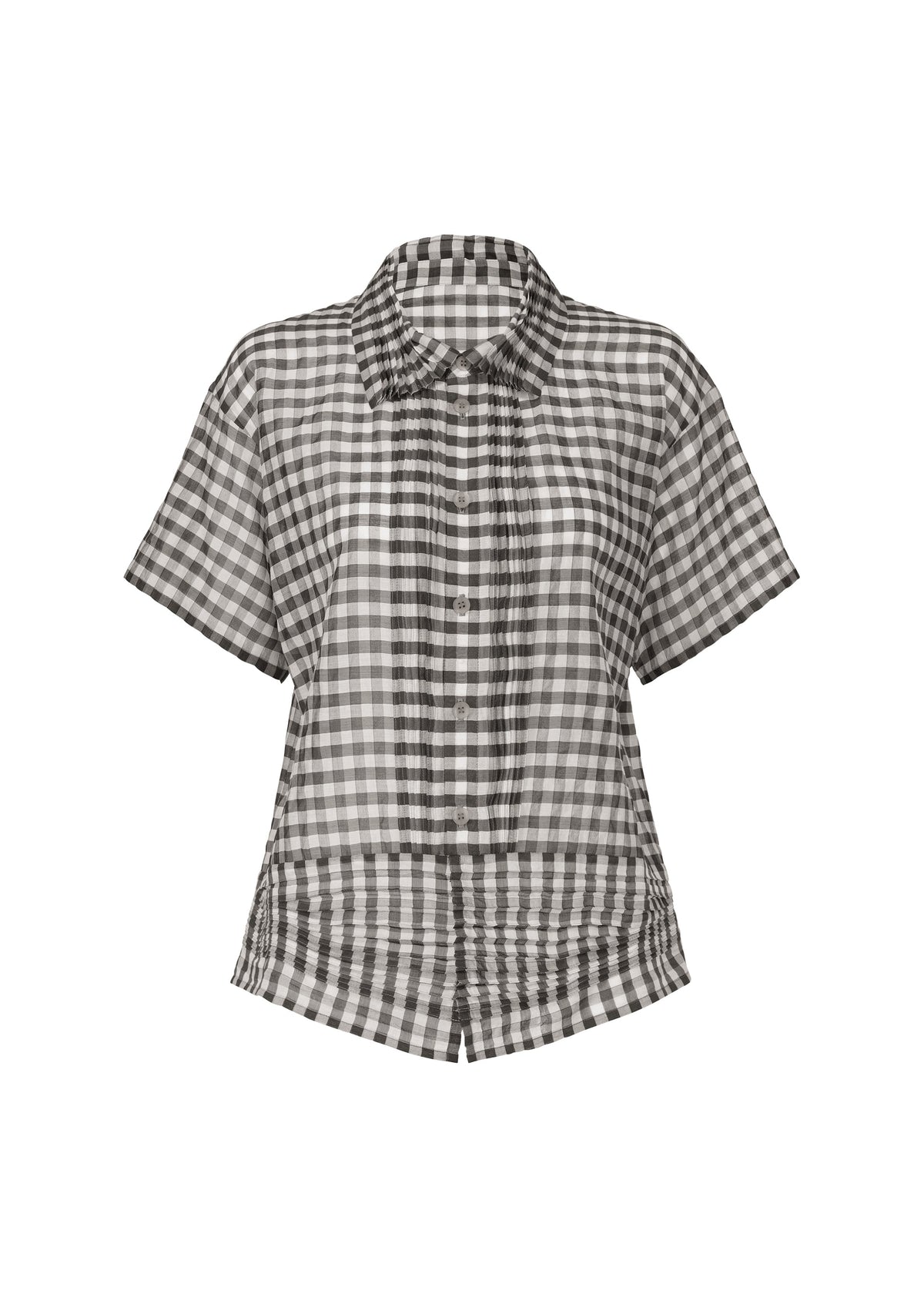 The HaaT 2 SIDE PINTUCKING shirt is a short-sleeved, collared button-up with a black and white check pattern, slightly curved hem, and relaxed fit—perfect for any occasion. view 1 of 9