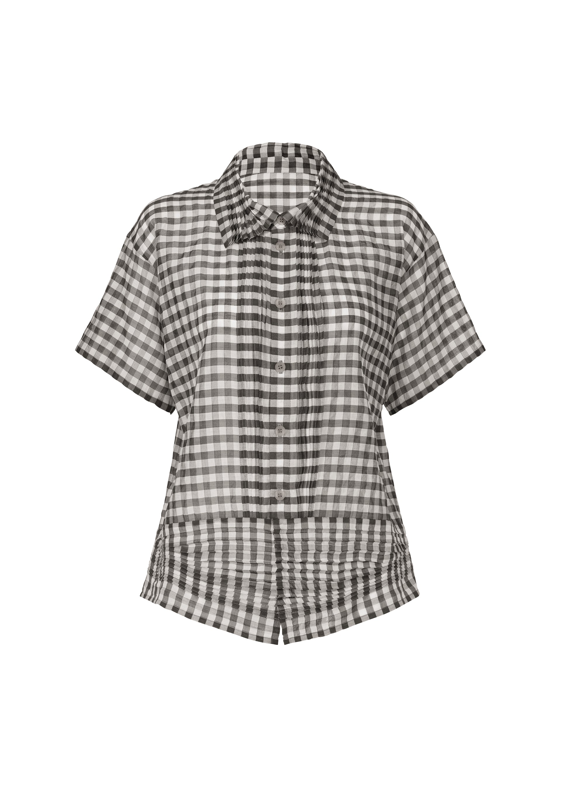 Zoomed view The HaaT 2 SIDE PINTUCKING shirt is a short-sleeved, collared button-up with a black and white check pattern, slightly curved hem, and relaxed fit—perfect for any occasion. - BLACK (no.15)