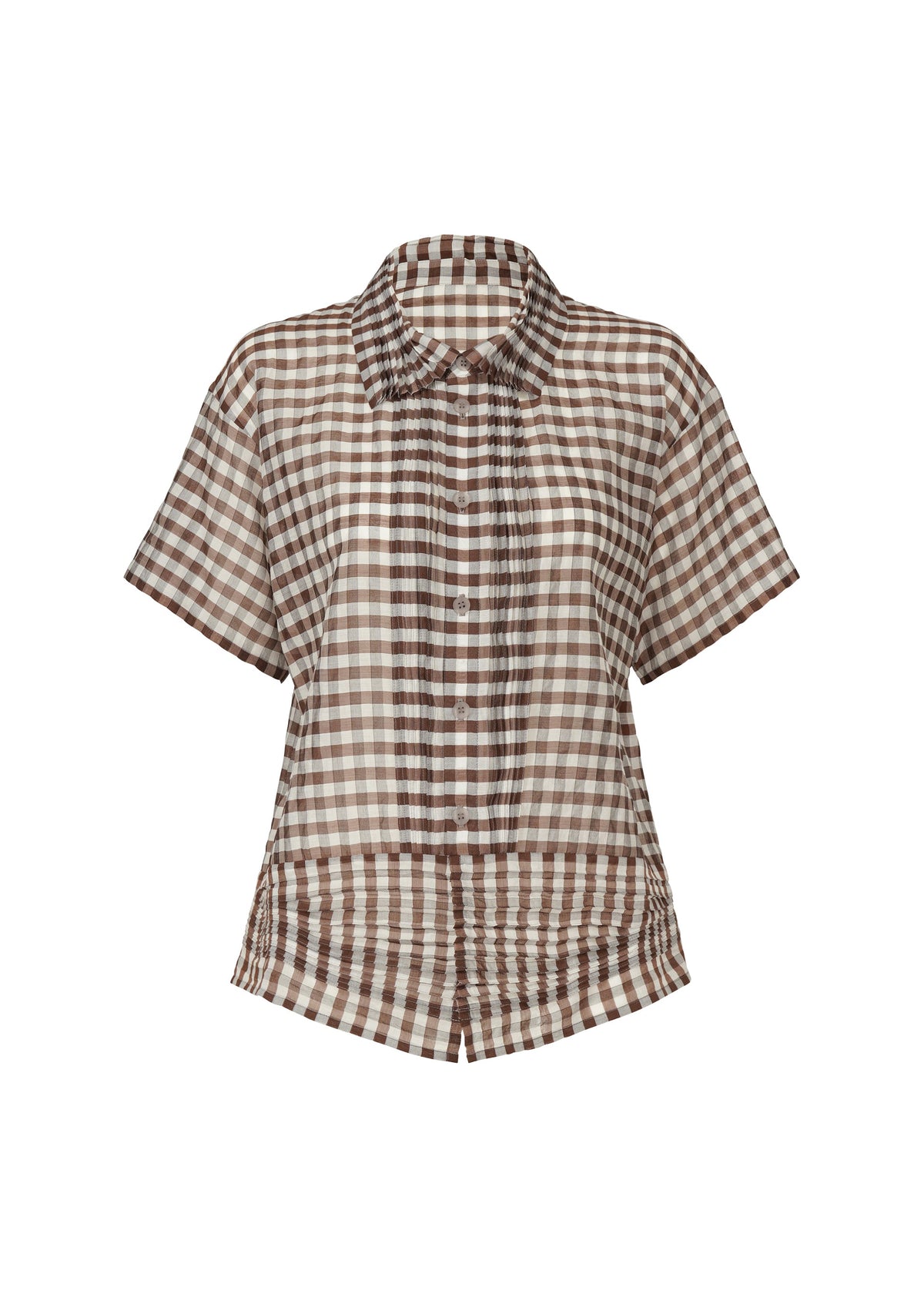 The HaaT 2 SIDE PINTUCKING is a short-sleeve, button-up gingham shirt with a brown and white check pattern, collar, and slightly flared hem. view 2 of 9