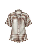 The HaaT 2 SIDE PINTUCKING is a short-sleeve, button-up gingham shirt with a brown and white check pattern, collar, and slightly flared hem. - BROWN (no.44)