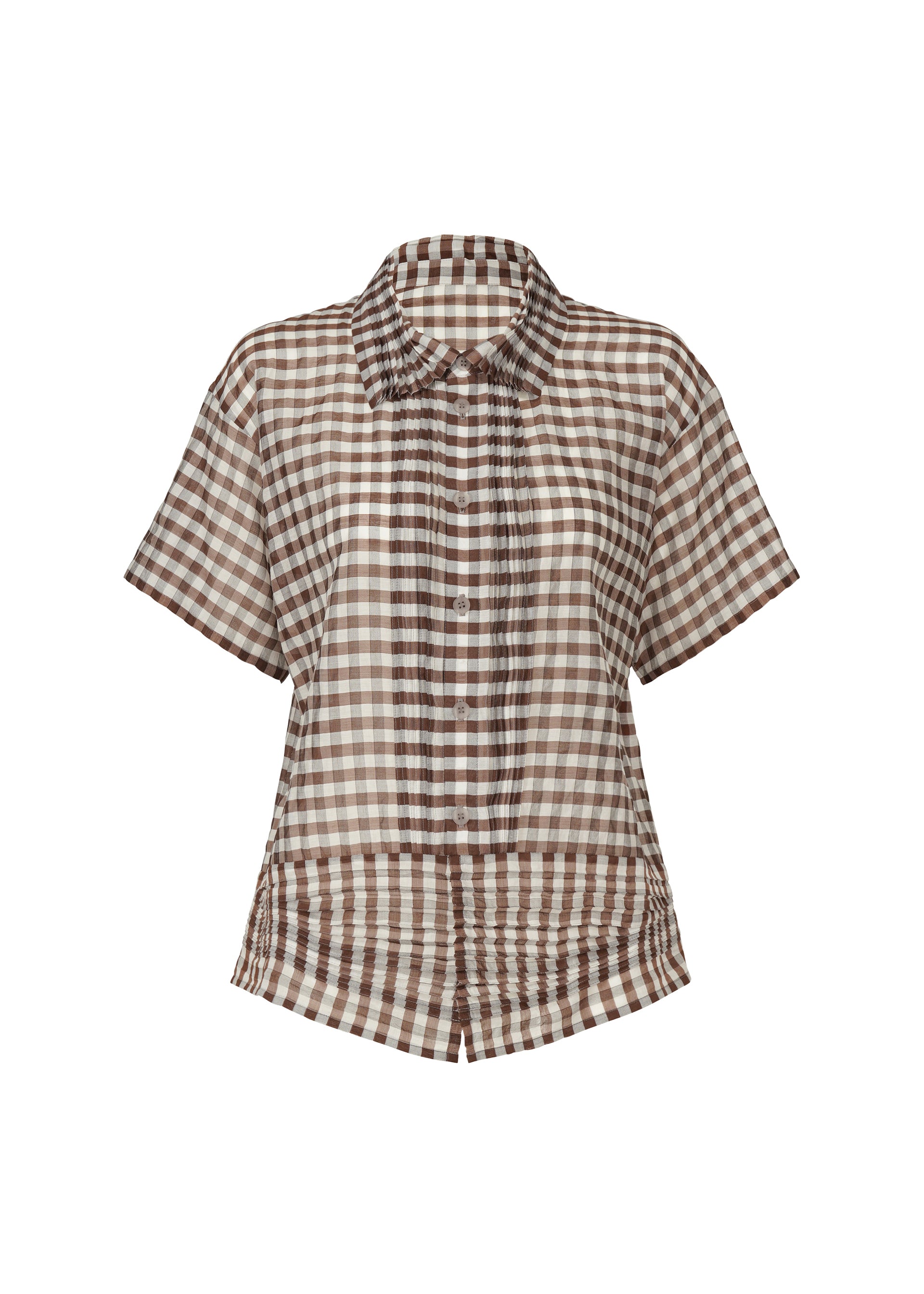 Zoomed view The HaaT 2 SIDE PINTUCKING is a short-sleeve, button-up gingham shirt with a brown and white check pattern, collar, and slightly flared hem. - BROWN (no.44)
