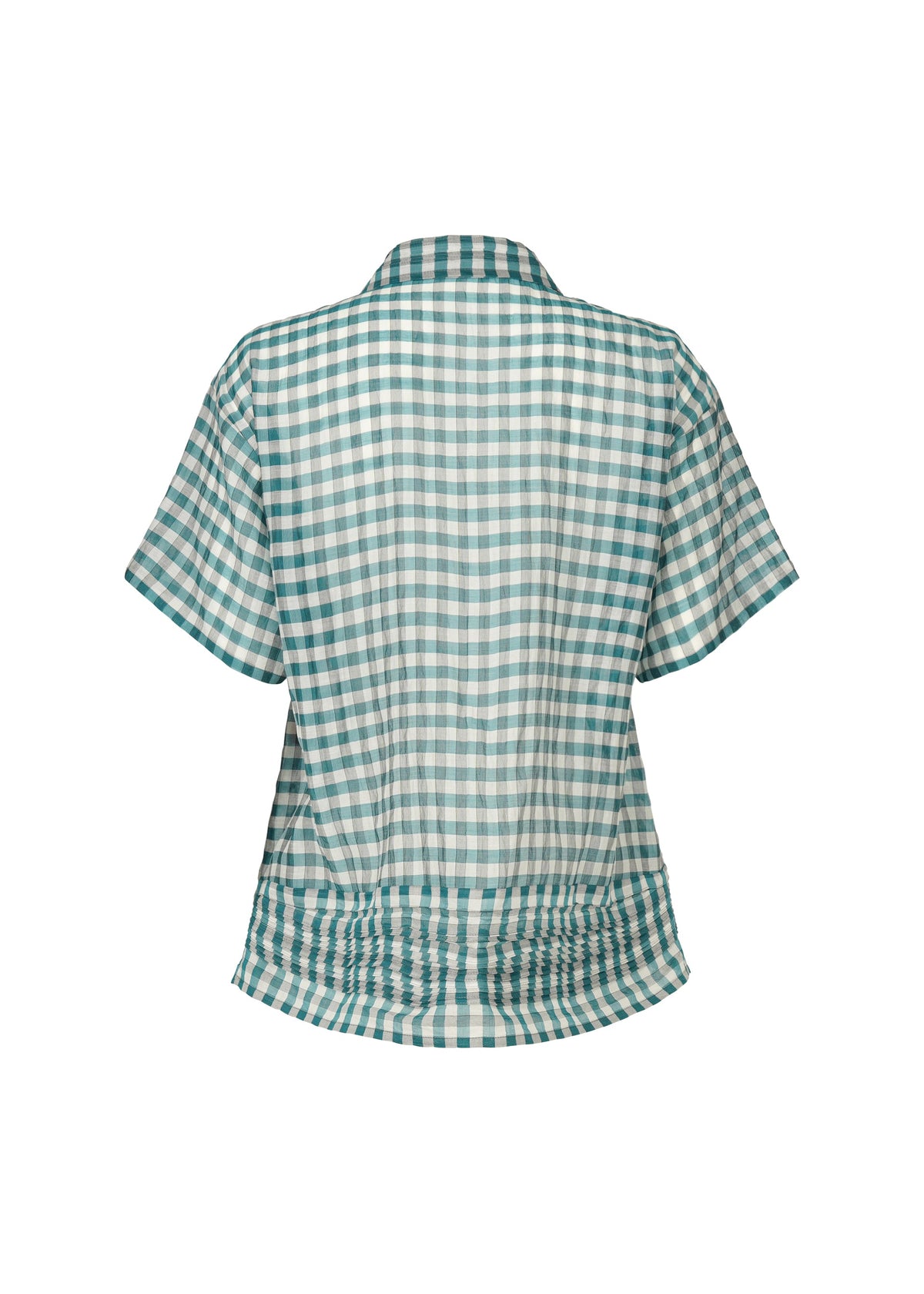 The HaaT 2 SIDE PINTUCKING shirt is shown from the back, featuring short sleeves, a green and white gingham pattern, a collar, and a slightly flared hem with gathered details near the bottom. view 4 of 9