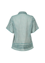 The HaaT 2 SIDE PINTUCKING shirt is shown from the back, featuring short sleeves, a green and white gingham pattern, a collar, and a slightly flared hem with gathered details near the bottom.