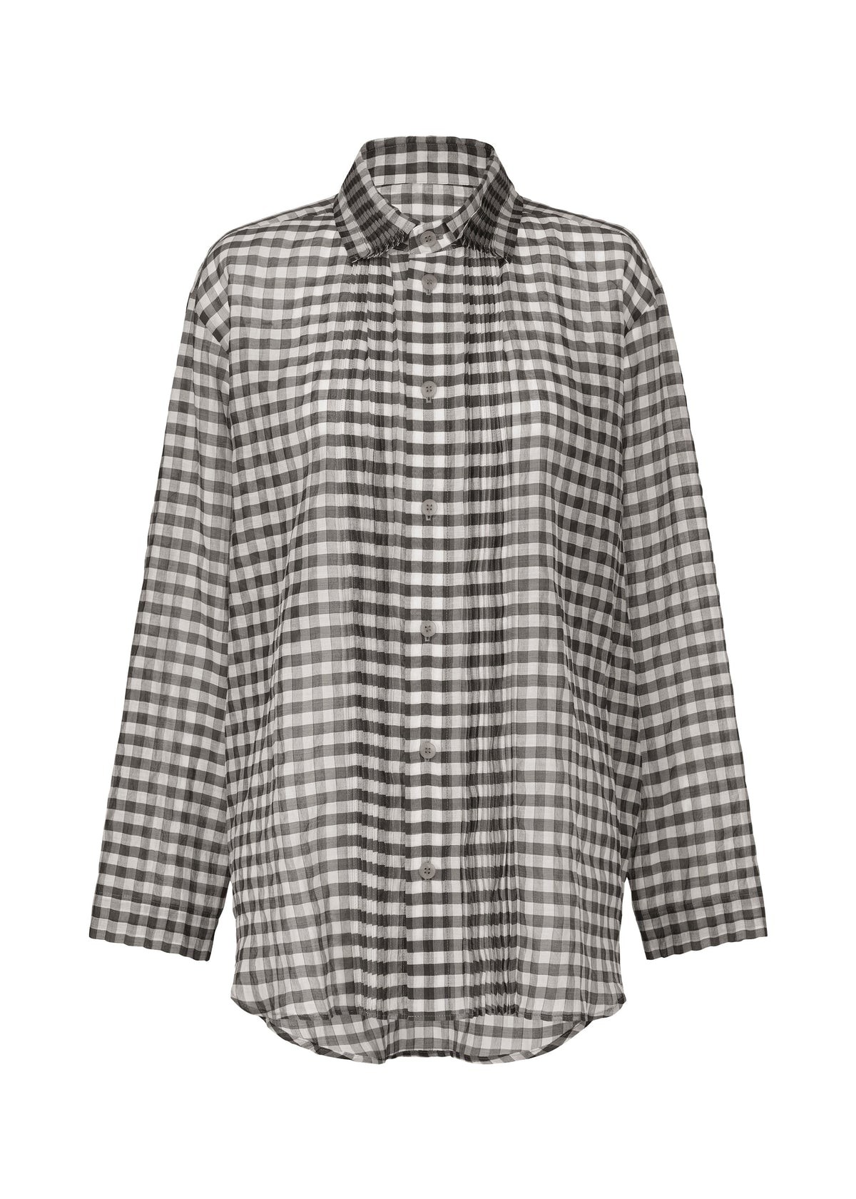 The HaaT 2 SIDE PINTUCKING shirt is a loose-fitting, black and white gingham long-sleeve made from a soft cotton silk blend, featuring a collar, button-up front, and curved hem for effortless style. view 1 of 8