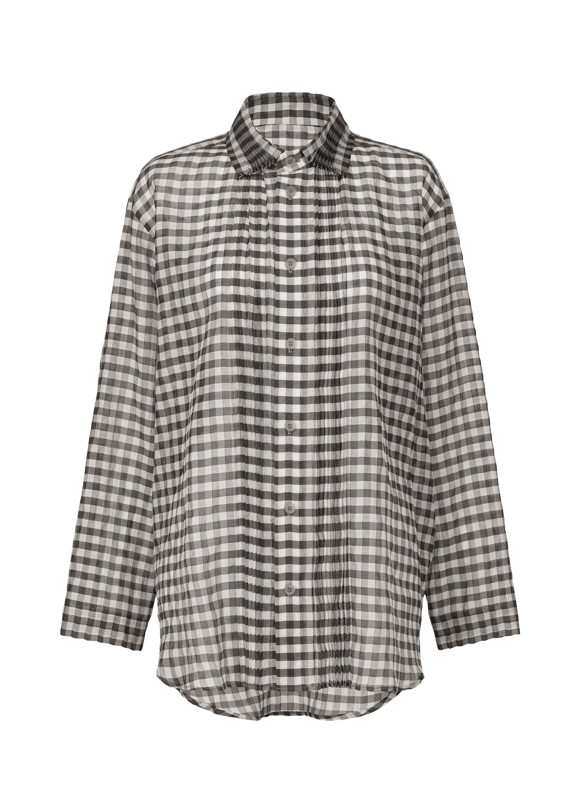 Zoomed view The HaaT 2 SIDE PINTUCKING shirt is a loose-fitting, black and white gingham long-sleeve made from a soft cotton silk blend, featuring a collar, button-up front, and curved hem for effortless style. - BLACK （no.15）