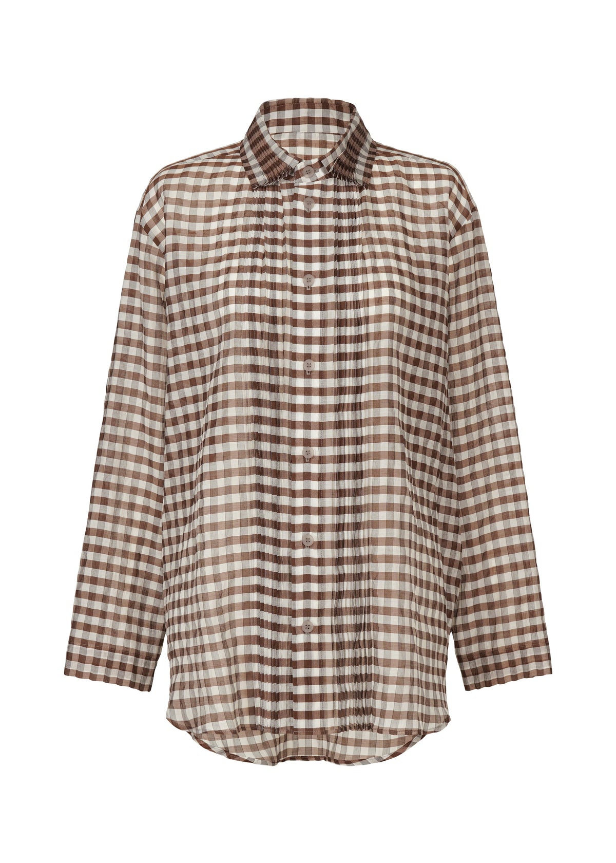 The 2 SIDE PINTUCKING shirt by HaaT is a brown and white gingham long-sleeve with a classic collar and relaxed fit—timeless style made effortless. view 2 of 8