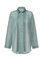 The HaaT 2 SIDE PINTUCKING is a long-sleeved, button-up green and white gingham shirt with a collar and loose fit. - BLUE （no.72）